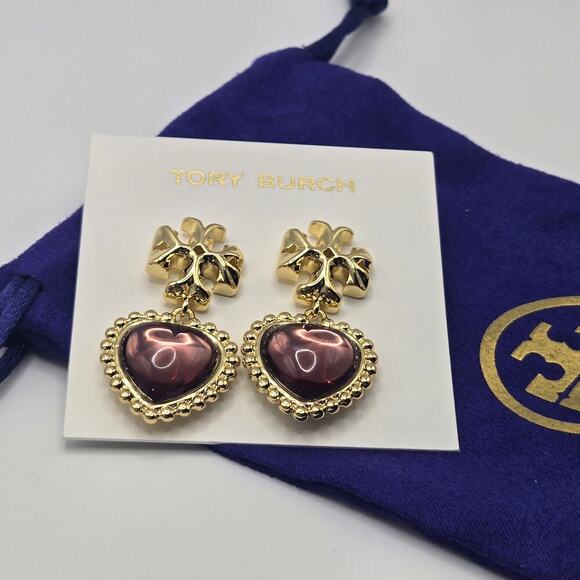 NEW Tory Burch Roxanne Heart Drop Earrings Logo Purple Burgundy Statement - Picture 5 of 5